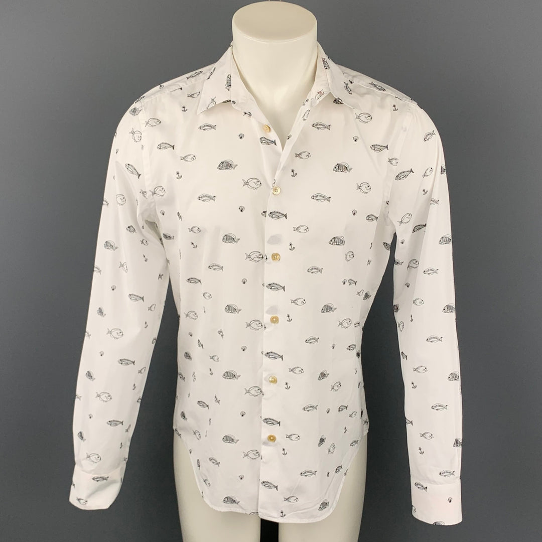 PAUL SMITH Size L White & Black Fish Embroidery Cotton Button Up Long Sleeve Shirt