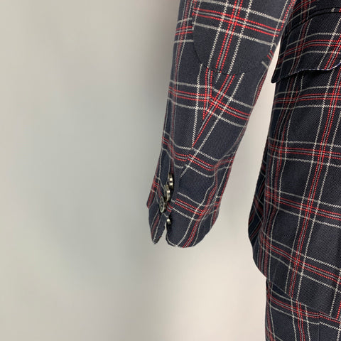 MICHAEL BASTIAN Size 40 Navy & Red Plaid Cotton Peak Lapel Suit