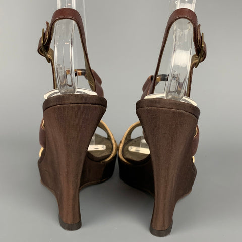 ALBERTA FERRETTI Talla 6.5 Sandalias de cuña de cuero de seda marrón y beige