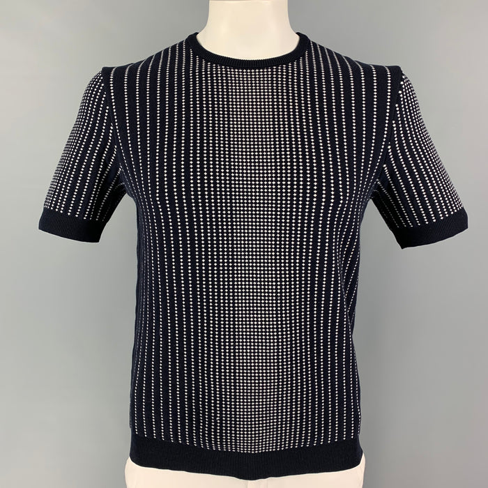 JIL SANDER Size M Navy White Knit Cotton Blend Short Sleeve Pullover