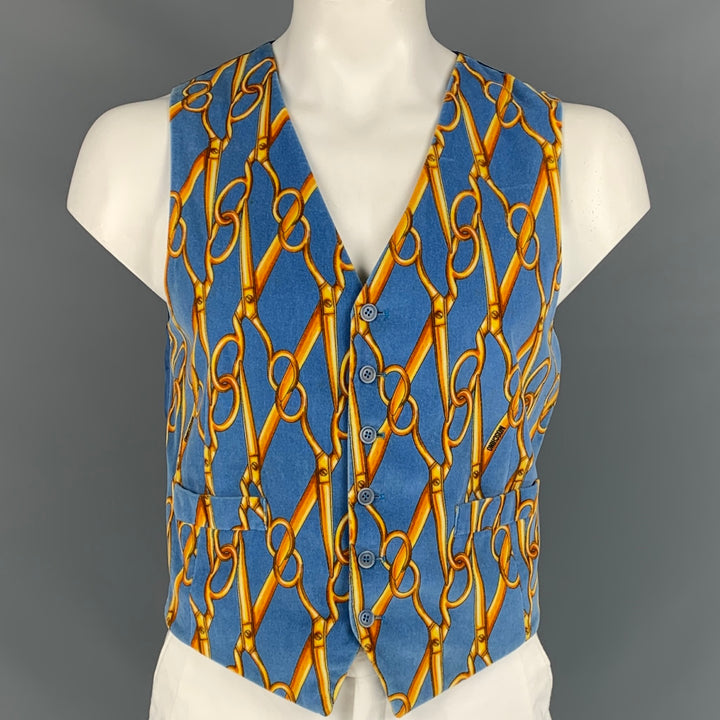 Vintage CHEAP and CHIC by MOSCHINO Size 42 Blue & Yellow Print Velvet Buttoned Vest