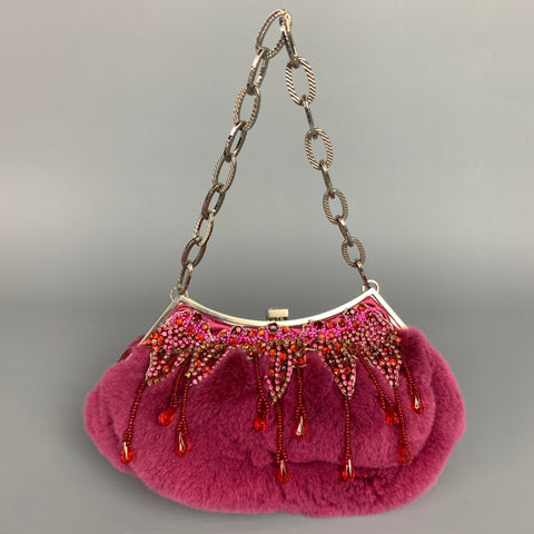 BADGLEY MISCHKA Purple & Silver Beaded Rhinestones Fur Handbag