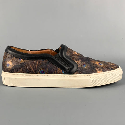 GIVENCHY Talla 8.5 Zapatillas sin cordones de cuero marrón y naranja con diseño de pavo real