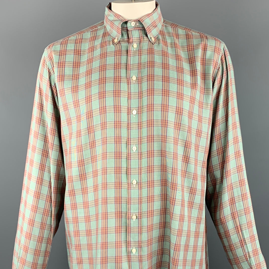 ETRO Size XL Green & Purple Glenplaid Cotton Button Down Long Sleeve Shirt