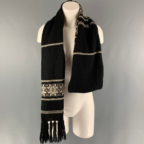 RALPH LAUREN BLUE LABEL Black Cream Knitted Wool Blend Scarf