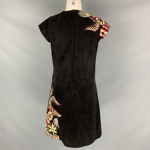 ETRO Size 4 Black Multi-Color Suede Embroidered Goat Skin Short Sleeve Dress