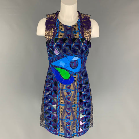 PETER PILOTTO Size 8 Purple Blue Polyester Embroidered Sleeveless Cocktail Dress