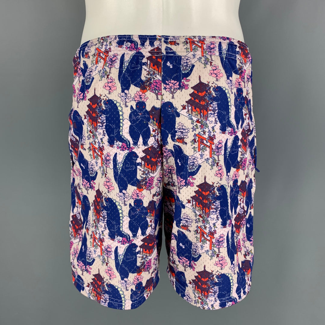 VINTAGE GODZILLA Print Size 28 Blue Pink Cartoon Drawstring Swim