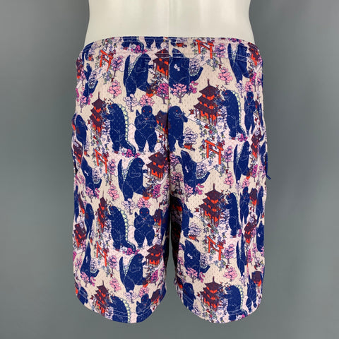 VINTAGE GODZILLA Print  Size 28 Blue Pink Cartoon Drawstring Swim Trunks
