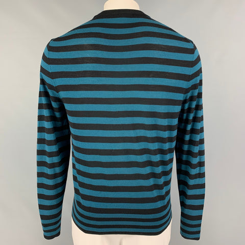 MR TURK Size L Teal Black Stripe Merino Wool Crew-Neck Pullover