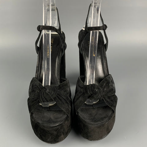 SAINT LAURENT Size 7.5 Black Suede Platform Bianca Sandals