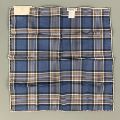 BRUNELLO CUCINELLI Pañuelo de bolsillo de algodón y seda con estampado mixto marrón marino