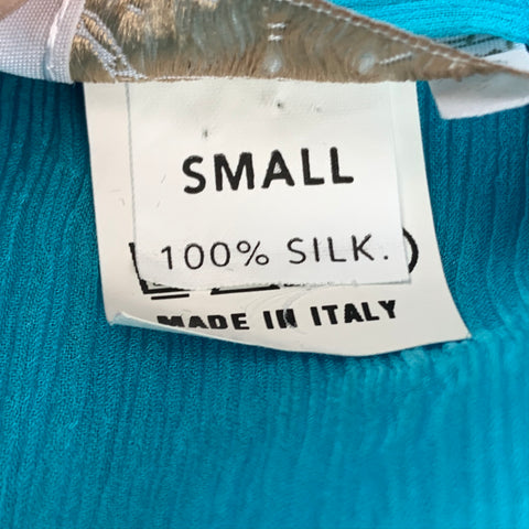 DELFINA Taille S Robe en shantung longueur genou en soie turquoise et perles