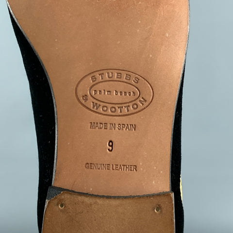 STUBBS & WOOTTON Size 9 Black Velvet Embroidered Slip On Flats