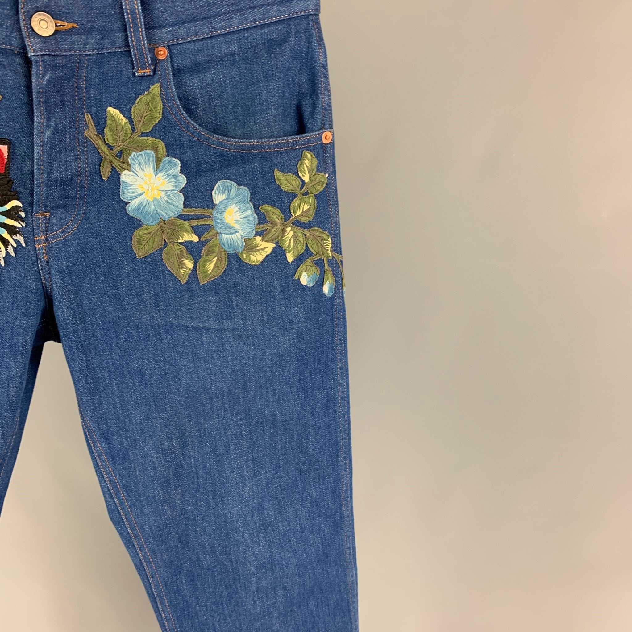 GUCCI Size 34 Blue Multi-Color Embroidery Denim Straight Jeans