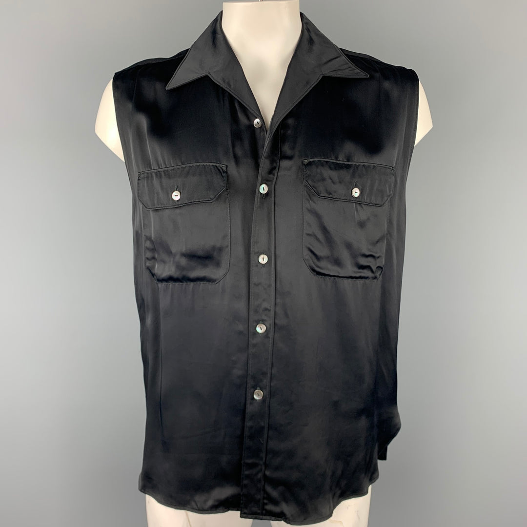 Vintage JEAN PAUL GAULTIER Size L Navy Acetate Patch Pockets Sleeveless Shirt