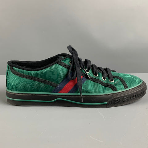 GUCCI Size 9 Green Red Monogram Nylon Low Top Sneakers