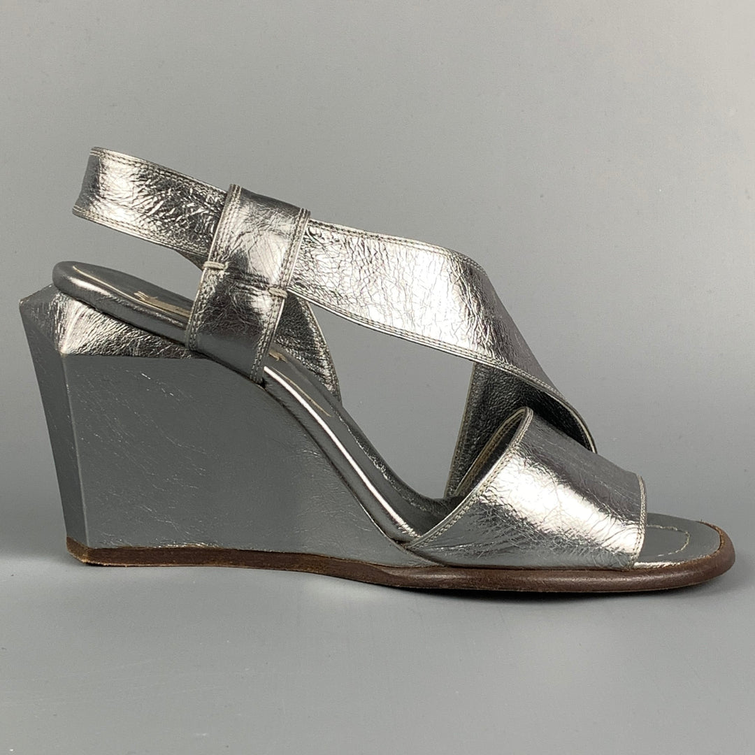 MARC JACOBS Size 7 Silver Leather Wedge Nickel Sandals