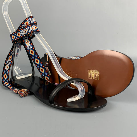 DIOR Size 6 Black Leather Knitted Ankle Strap Sandals
