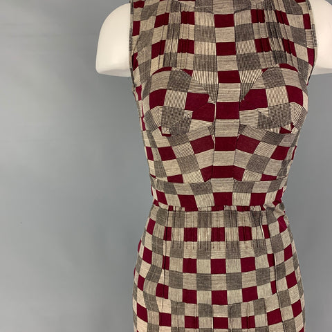PRADA Size 2 Burgundy Brown Viscose Checkered Sleeveless Mid-Calf Dress