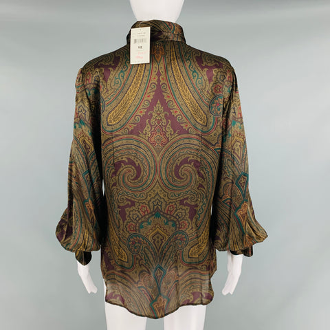 RALPH LAUREN Size 12 Multi-Color Silk Paisley Bow Blouse