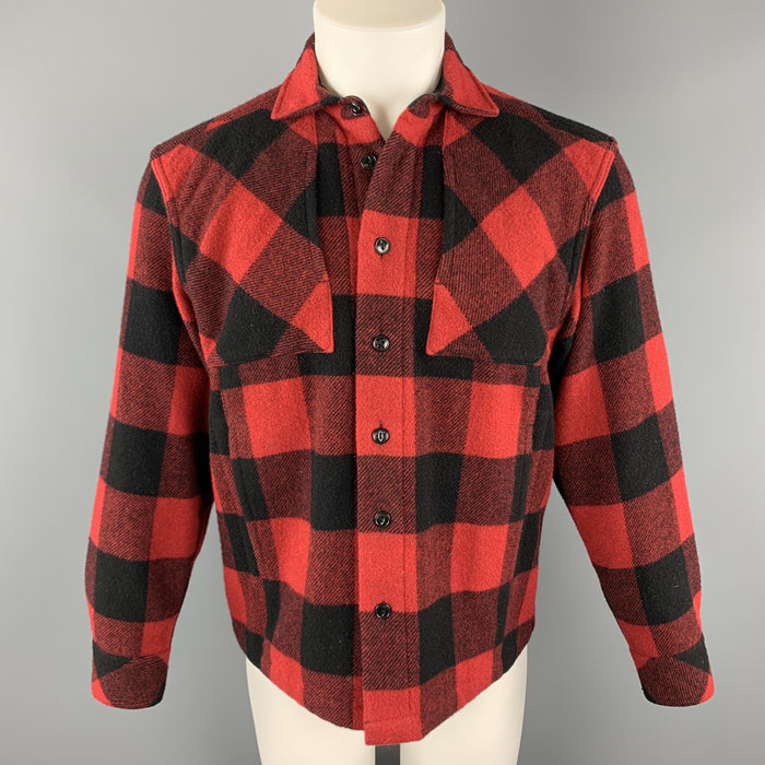 GANRYU Size S Red Plaid Wool Blend Patch Pocket Long Sleeve Shirt