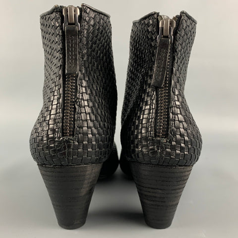 MARSELL Size 7.5 Black Woven Textured Leather Peep Toe Ankle Boots