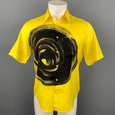 CHRISTOPH BROICH Size M Yellow Graphic Polyester Button Up Short Sleeve Shirt