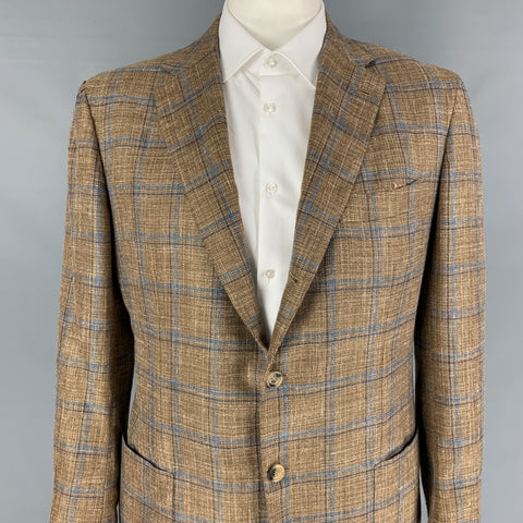 KITON Size 46 Tan Light Blue Plaid Cashmere Blend Sport Coat