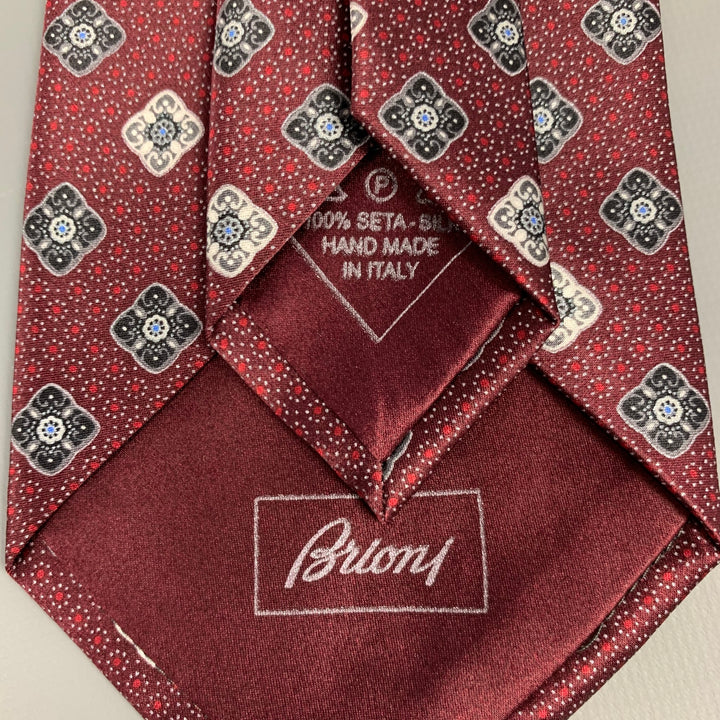 BRIONI Burgundy & Silver Rhombus Silk Tie