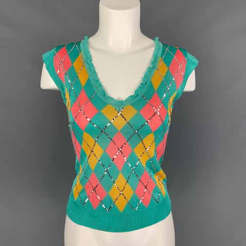 Iisli Talla S Jersey sin mangas de rayón Argyle turquesa, amarillo y naranja