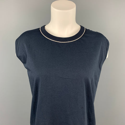 DRIES VAN NOTEN Taille L T-Shirt en Jersey de Coton Strass Marine