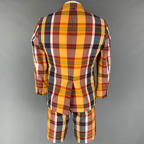 BLACK FLEECE Size 42 Yellow Multi-Color Plaid Cotton Notch Lapel Suit