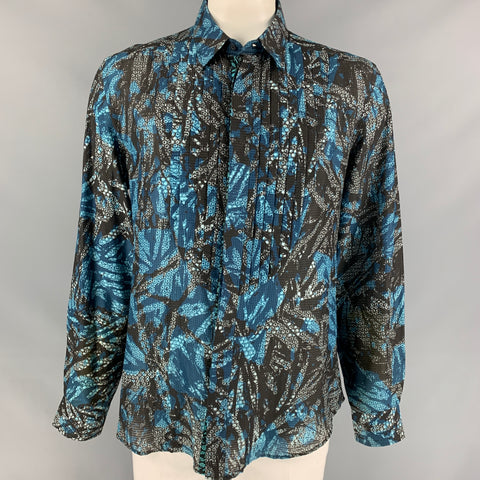 JUST CAVALLI Size XXL Blue & Black Print Cotton / Silk Tuxedo Long Sleeve Shirt