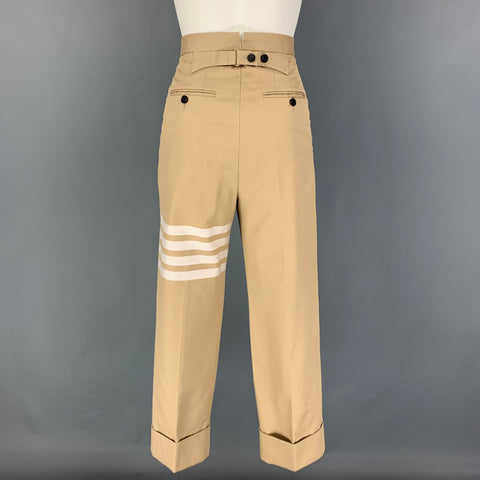 THOM BROWNE Size 2 Khaki Cream Cotton Stripe Pleated Dress Pants