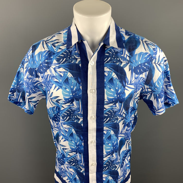 BROOKLYN BRIGADE Talla M Camisa de manga corta con botones de lino floral azul y blanco