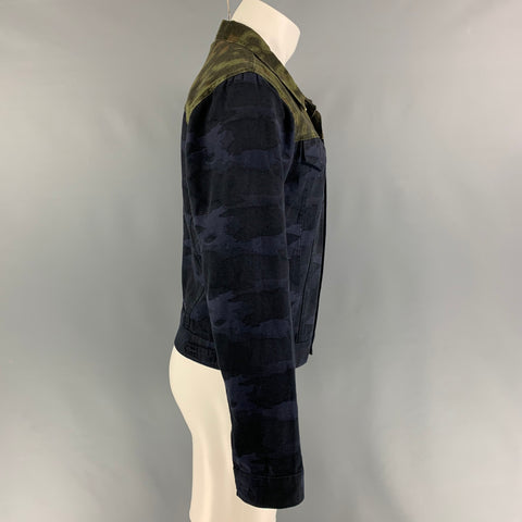 DRIES VAN NOTEN Size M Navy Green Cotton Camo Print Trucker Jacket