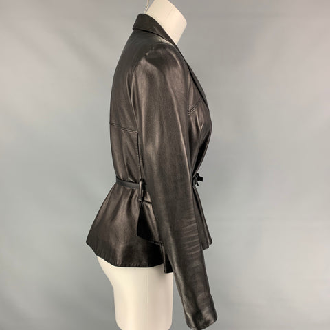CHRISTIAN DIOR Size 6 Black Leather Belted Flare Jacket