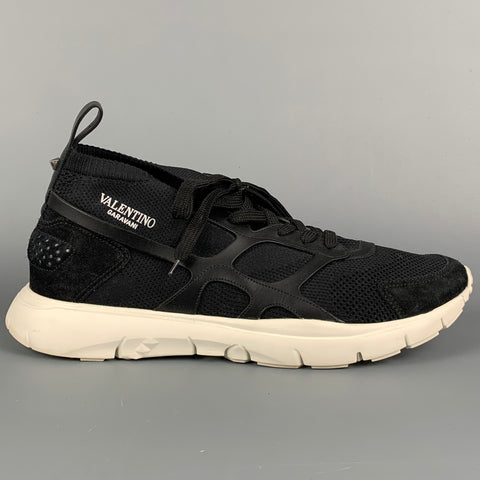 VALENTINO Size 12 Black Mixed Materials Lace Up Sneakers