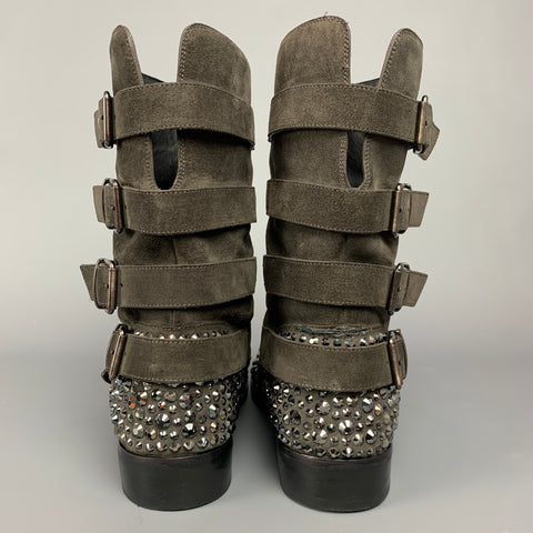 GIUSEPPE ZANOTTI Size 10 Grey Crystal Suede Multi Strap Biker Boots