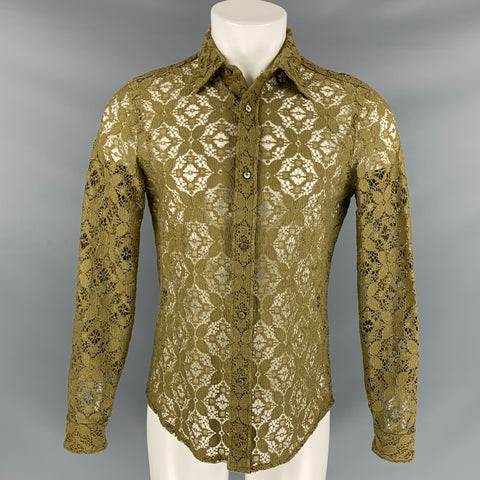 BURBERRY PRORSUM Spring 2016 Size M Moss Green Floral Lace Button Down Long Sleeve Shirt
