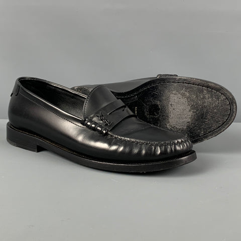 SAINT LAURENT Size 7 Black Leather Monogram Penny Loafers