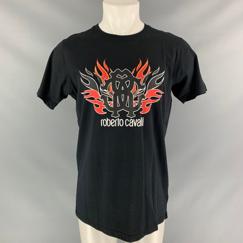 ROBERTO CAVALLI Size XL Black & White Red Graphic Cotton T-shirt