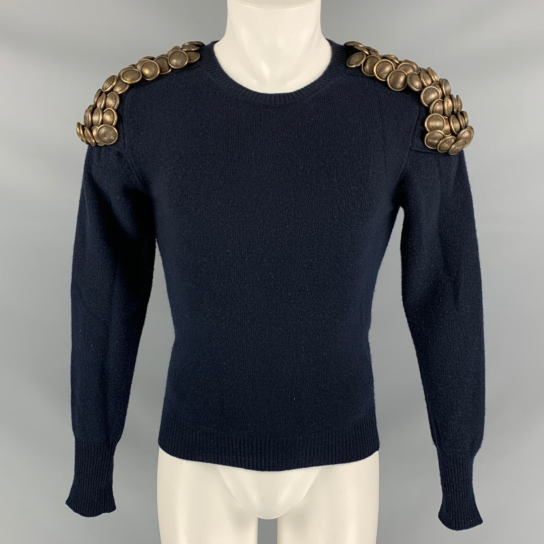 BURBERRY PRORSUM Fall Winter 2010 Size XS Navy Knitted Wool Crew-Neck Gold Tone Button Epaulettes Sweater
