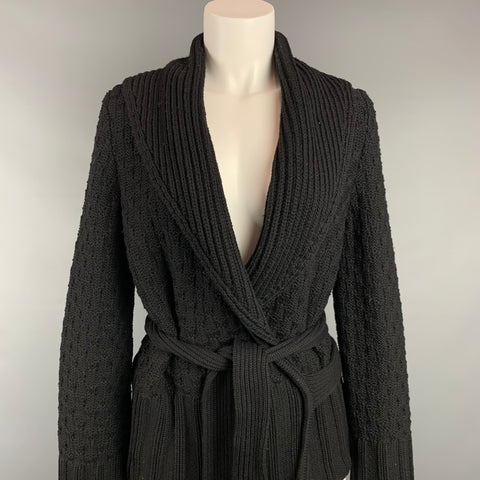 SONIA RYKIEL Taille 2 Cardigan ceinturé en laine texturée tricotée noire / cachemire