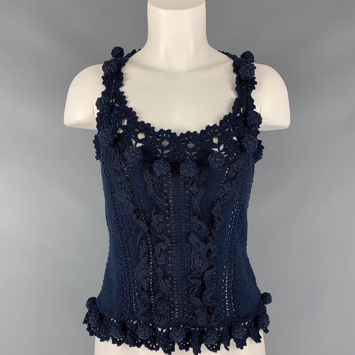 OSCAR DE LA RENTA Size M Navy Cotton Crochet Sleeveless Casual Top