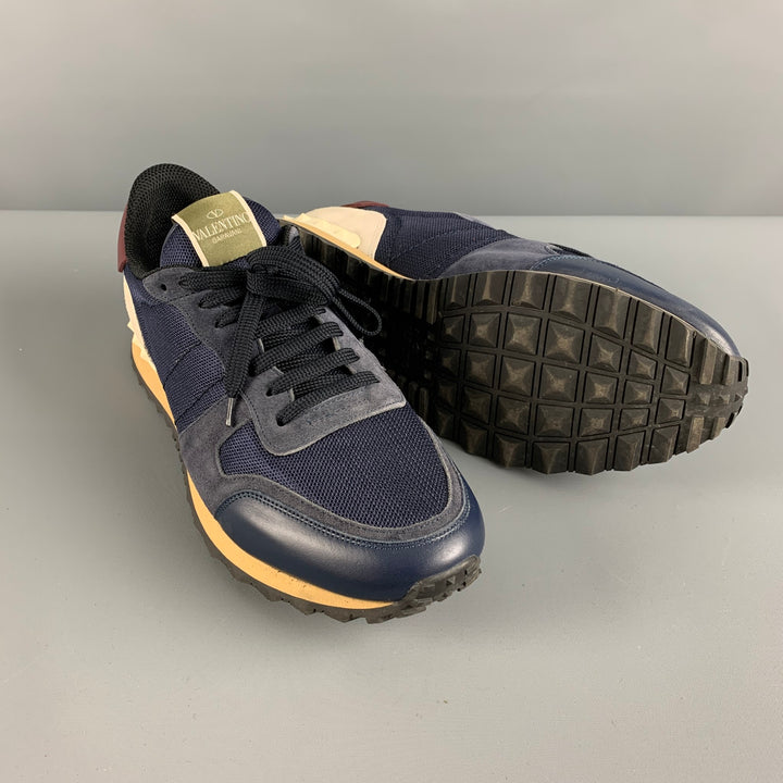 VALENTINO Size 12 Navy Mixed Materials Leather Lace Up Sneakers