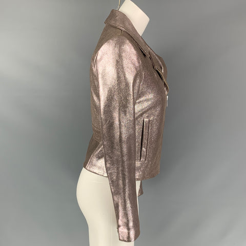 VEDA Size S Rose Gold Leather Metallic BikerJacket