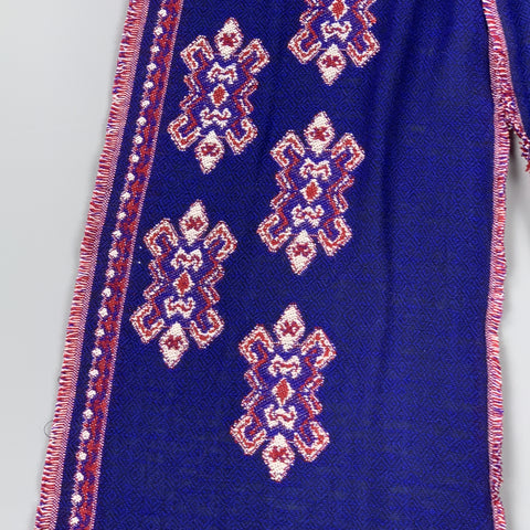 Blue & Red Print Wool Knit Fringe Scarf