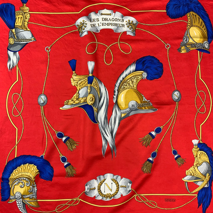 Les Dragons De L'Empereur Red & Blue Gold Silk Twill Scarf
